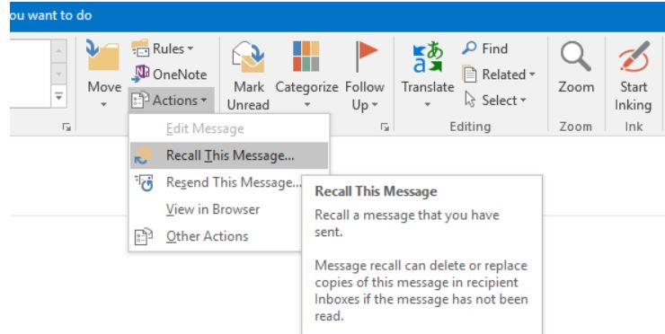  recall mails and outlook