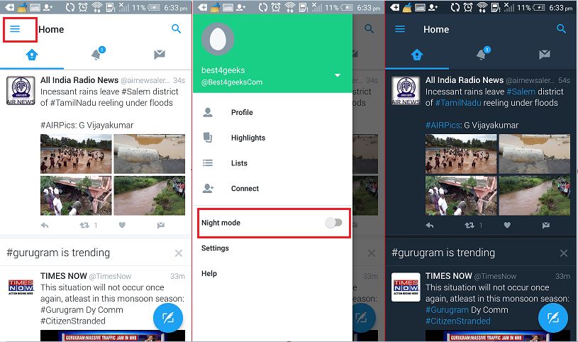 Enable Night mode in Twitter app on android mobile