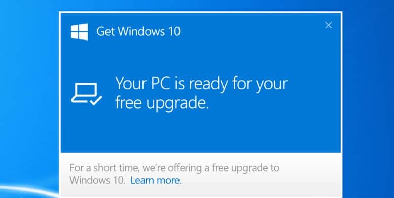 Windows 10 notification for upgrade old windows version