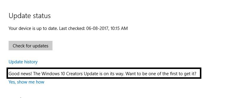1 Windows 10 Creator Update Alert in Windows laptop or PC